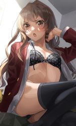 Rule 34 | 1girl, aisaka taiga, arm support, bad id, bad twitter id, black bra, black panties, black thighhighs, blush, bow, bow bra, bra, breasts, brown eyes, brown hair, collarbone, collared shirt, feet out of frame, furrowed brow, hair between eyes, hand on own face, indoors, jacket, lace, lace bra, long hair, looking at viewer, neck ribbon, open clothes, open mouth, open shirt, panties, polka dot, polka dot bra, red jacket, shirt, sidelocks, sitting, small breasts, solo, thighhighs, tipii, toradora!, underwear, undone neck ribbon, very long hair, white shirt