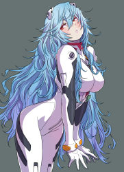 Rule 34 | 1girl, absurdres, alternate hair color, arched back, ayanami rei, blue hair, blush, bodysuit, cowboy shot, evangelion: 3.0+1.0 thrice upon a time, expressionless, female focus, from side, gradient eyes, gradient hair, grey background, hair between eyes, hairpods, half-closed eyes, highres, interface headset, light blue hair, long hair, looking to the side, multicolored eyes, multicolored hair, neon genesis evangelion, official art, orange eyes, outline, parted lips, pink lips, plugsuit, purple hair, rebuild of evangelion, red eyes, simple background, solo, very long hair, white bodysuit, white hair, yamashita shun&#039;ya