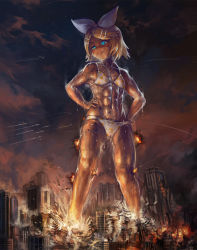 Rule 34 | 1girl, abs, aircraft, airplane, apocalypse, bikini, blonde hair, blue eyes, bow, building, cigarette, city, commentary, english commentary, explosion, fighter jet, giant, giantess, glowing, glowing eyes, hair bow, hair ornament, hairclip, hands on own hips, holding, holding cigarette, jet, kagamine rin, looking down, military, military vehicle, mixed-language commentary, muscular, muscular female, navel, night, polka dot, polka dot bikini, short hair, skyscraper, smile, smug, standing, star (sky), sweat, swept bangs, swimsuit, vocaloid, white bikini, white bow, yilx