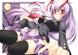 Rule 34 | 1girl, animal ears, bamboo, black thighhighs, blazer, crescent, female focus, full moon, jacket, long hair, moon, navel, necktie, nozomi tsubame, pleated skirt, purple hair, rabbit ears, rabbit tail, red eyes, red necktie, reisen udongein inaba, skirt, solo, tail, thighhighs, touhou