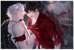 Rule 34 | 2boys, aohitsugi samatoki, armband, black background, black hair, black jacket, black shirt, blood, blood drip, blood on face, border, closed eyes, dated, ear piercing, eyelashes, face-to-face, from side, grin, hand on another&#039;s neck, highres, hypnosis mic, injury, jacket, jacket on shoulders, jewelry, kabedon, kami off record, leather, leather jacket, long sleeves, looking at another, male focus, mirror, mole, mole under eye, multiple boys, necklace, open clothes, open jacket, open mouth, pectoral cleavage, pectorals, piercing, red armband, red eyes, red jacket, sharp teeth, shirt, shirt grab, short hair, sleeveless, sleeveless shirt, sleeves past elbows, smile, sweat, teeth, timestamp, torn clothes, torn jacket, torn sleeves, upper body, white border, white hair, white shirt, yamada ichiro, yaoi, zipper