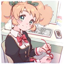 Rule 34 | 1girl, aikatsu!, aikatsu! (series), black jacket, blazer, blonde hair, blush, blush stickers, border, bow, bowtie, chair, cleaning glasses, closed mouth, collared shirt, computer, desk, dream academy school uniform, from above, from side, glasses, green ribbon, hair bow, hair ribbon, highres, holding, holding removed eyewear, indoors, jacket, keyboard (computer), long hair, long sleeves, looking at viewer, looking to the side, monitor, mouse (computer), multicolored clothes, on chair, pleated skirt, puffy sleeves, red-framed eyewear, red bow, red bowtie, red skirt, ribbon, saegusa kii, school uniform, shirt, sidelocks, sitting, skirt, smile, solo, table, twintails, unworn eyewear, upper body, white shirt, wing collar, yukiguni (ykgn)