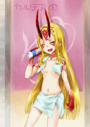 Rule 34 | 1girl, blonde hair, bottle, breasts, drinking, closed eyes, fang, fate/grand order, fate (series), highres, horns, ibaraki douji (fate), indoors, long hair, milk, monster girl, navel, oni, open mouth, pointy ears, small breasts, sweat, tattoo, towel, yellow eyes