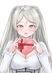 Rule 34 | 1girl, blush, box, breasts, brown eyes, cleavage, conte di cavour (kancolle), dress, gift, gift box, grey hair, heart-shaped box, highres, holding, holding gift, kantai collection, koru pera, large breasts, long hair, long sleeves, looking at viewer, open mouth, simple background, solo, straight-on, upper body, white background, white dress