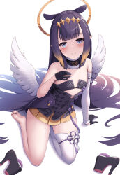 Rule 34 | 1girl, absurdres, bare shoulders, barefoot, breasts, highres, hololive, hololive english, long hair, looking at viewer, ninomae ina&#039;nis, platform clogs, purple eyes, purple hair, simple background, small breasts, smile, solo, tousaki (tousakiworks), virtual youtuber, wings