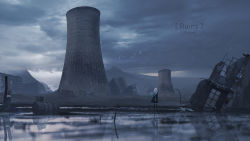 Rule 34 | 1girl, absurdres, animal, bird, cloud, cloudy sky, commentary request, facing away, floating hair, from behind, highres, huge filesize, lifeline (a384079959), long hair, mountain, mountainous horizon, nuclear powerplant, nuclear reactor, original, outdoors, reflection, ruins, scenery, sky, solo, standing, white hair
