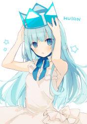 Rule 34 | 1girl, :o, aqua hair, armpits, arms up, bare arms, bare shoulders, blue eyes, blue hair, blue nails, blue ribbon, blush, bow, commentary request, crown, dress, fingernails, head tilt, long hair, looking at viewer, nail polish, original, parted lips, ribbon, signature, simple background, sketch, sleeveless, sleeveless dress, solo, spaghetti strap, star (symbol), suzumori uina, tareme, upper body, very long hair, white background, white bow, white dress