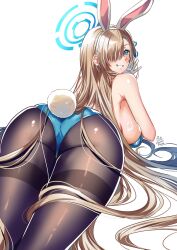 Rule 34 | 1girl, animal ears, aqua leotard, ass, asuna (blue archive), asuna (bunny) (blue archive), asymmetrical bangs, blue archive, bow, bowtie, breasts, fake animal ears, gloves, hair over one eye, halo, highres, large breasts, leotard, light brown hair, long hair, looking at viewer, maroonabyss, mole, official alternate costume, pantyhose, playboy bunny, rabbit ears, smile, solo, strapless, strapless leotard, thighband pantyhose, traditional bowtie, white gloves