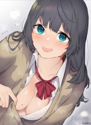 Rule 34 | 1girl, aqua eyes, artist name, black hair, blush, bow, bowtie, breasts, breath, cardigan, collarbone, dress shirt, dripping, highres, karinto yamada, long hair, looking at viewer, medium breasts, mole, mole on breast, no bra, open cardigan, open clothes, open mouth, open shirt, original, partially unbuttoned, red bow, red bowtie, school uniform, shiny skin, shirt, signature, solo, sweat, upper body