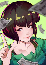 Rule 34 | 1girl, artist name, banknote, blush, bob cut, bra strap, breasts, brown eyes, brown hair, close-up, closed mouth, collarbone, commentary, dutch angle, english commentary, eyelashes, falling money, frilled shirt, frills, green background, green shirt, halftone texture, hand up, index finger raised, inverted bob, large breasts, light blush, lips, looking at viewer, magion02, making-of available, money, nose, paid reward available, pointing, pointing up, portrait, ranma 1/2, shirt, short hair, signature, smile, tendou nabiki
