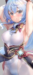 Rule 34 | :o, alternate costume, armpits, arms up, bare arms, bell, black dress, blue hair, blush, bodystocking, bodysuit, breasts, chinese knot, covered navel, crotch, dress, flower knot, ganyu (genshin impact), genshin impact, gold trim, highres, horns, leotard, leotard under clothes, long hair, looking at viewer, medium breasts, multicolored eyes, neck bell, paid reward available, pelvic curtain, presenting armpit, red rope, rope, shiitake taishi, sidelocks, sleeveless, solo, tassel, vision (genshin impact), white legwear, white leotard