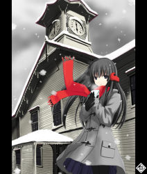 Rule 34 | 1girl, black hair, black pantyhose, blue eyes, breath, building, clock, clock tower, coat, gloves, house, long hair, nabeshima tetsuhiro, original, pantyhose, pillarboxed, red scarf, scarf, snow, snowing, solo, tower, winter clothes