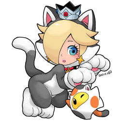 Rule 34 | 1girl, animal ears, animal hands, bell, blonde hair, blue eyes, blush, cat ears, cat girl, cat paws, cat tail, catsuit, collar, crown, earrings, eyelashes, female focus, ghost-pepper, hair over one eye, jewelry, lipstick, looking down, lowres, luma (mario), makeup, mario (series), nintendo, one eye closed, parted lips, rosalina, short eyebrows, simple background, star (symbol), star earrings, super mario 3d world, super mario bros. 1, super mario galaxy, tail, white background, wide hips, wink