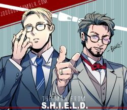 Rule 34 | 2boys, animification, avengers (series), blonde hair, bow, bowtie, formal, jewelry, jo (artist), male focus, marvel, multiple boys, pointing, ring, steve rogers, suit, sunglasses, tony stark, traditional bowtie