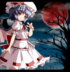 Rule 34 | 1girl, arm up, ascot, bare tree, bat wings, brooch, cloud, cross, fang, fang out, female focus, full moon, hat, highres, jewelry, letterboxed, light purple hair, looking at viewer, mob cap, moon, open hand, outdoors, puffy short sleeves, puffy sleeves, red eyes, red moon, remilia scarlet, ribbon, sd-sos, short hair, short sleeves, skirt, skirt set, smile, solo, touhou, tree, twilight, wings