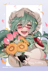Rule 34 | 1girl, :d, bleach, bleach: sennen kessen-hen, blush, border, bouquet, breasts, brown eyes, commentary request, eyelashes, facial hair, floating hair, flower, green hair, grey border, hair between eyes, hair ornament, half-closed eyes, hand up, happy, happy birthday, highres, holding, holding bouquet, large breasts, long hair, looking at viewer, nelliel tu odelschwanck, open mouth, pink flower, round teeth, scar, scar on face, simple background, skull hair ornament, smile, solo, teeth, tulip, twitter username, upper body, upper teeth only, wavy hair, white background, white flower, yanono 015, yellow flower