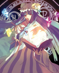 Rule 34 | 1girl, book, coat, crescent, dress, floating, floating object, glowing, grimoire, hair ribbon, hat, highres, long hair, looking at viewer, magic circle, mob cap, open clothes, open coat, open mouth, patchouli knowledge, pink eyes, purple dress, purple hair, ribbon, solo, striped clothes, striped dress, tian (my dear), touhou, tress ribbon, very long hair