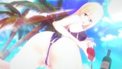 Rule 34 | 1girl, 3d, alcohol, aoki clair, artist name, ass, ass focus, ass grab, bare legs, bare shoulders, blonde hair, blush, breasts, cameltoe, cup, fingering, gleipnir (series), highres, holding, holding cup, huge ass, legs apart, long hair, looking at viewer, looking back, medium breasts, naughty face, one-piece swimsuit, partially visible vulva, sky, smile, solo, swimsuit, tongue, tongue out, upper body, wine