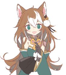 Rule 34 | 1girl, animal ears, bare shoulders, black gloves, blush, brown hair, collar, commentary, crossed bangs, detached sleeves, english commentary, genshin impact, gloves, green eyes, hair between eyes, hair ornament, hina (genshin impact), holding, holding paintbrush, long hair, looking at viewer, melanbread, multicolored hair, open mouth, paintbrush, pom pom (clothes), pom pom hair ornament, short eyebrows, simple background, sleeveless, smile, solo, streaked hair, tassel choker, thick eyebrows, two-tone hair, upper body, white background, white hair