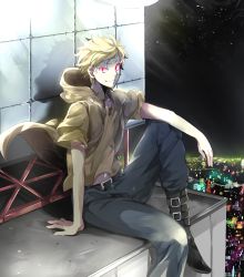 Rule 34 | 1boy, bad id, bad pixiv id, belt, blonde hair, boots, city, city lights, highres, hood, hoodie, kagerou project, kano shuuya, looking at viewer, male focus, mitsu yomogi, navel, night, red eyes, short hair, smile, solo, vocaloid, yobanashi deceive (vocaloid)