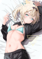 1girl aqua_bikini aqua_eyes aqua_nails arm_up bed_sheet bikini black_hairband black_pants blonde_hair blush breasts commentary_request cowboy_shot fingernails hairband head_tilt highres hololive kazama_iroha long_fingernails long_hair long_sleeves looking_at_viewer lying nail_polish navel on_back on_bed pants parted_lips ponytail shrug_(clothing) small_breasts solo strap_lift swimsuit virtual_youtuber wakaunderblade7