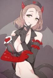 Rule 34 | 1girl, asymmetrical gloves, black gloves, breasts, brown hair, commentary request, copyright request, fake horns, fang, fang out, gloves, green eyes, heart, horns, large breasts, mismatched gloves, mouth hold, navel, oni horns, red gloves, short hair, solo, tail, tetsubuta, wings