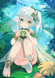 Rule 34 | 1girl, :q, absurdres, bare shoulders, closed mouth, commentary request, cross-shaped pupils, day, dress, flower, fufumi, genshin impact, gradient hair, green eyes, green skirt, grey hair, hair between eyes, hands up, head tilt, heart, heart hands, highres, long hair, multicolored hair, nahida (genshin impact), outdoors, pointy ears, shoe soles, side ponytail, sitting, skirt, sleeveless, sleeveless dress, smile, socks, soles, solo, stirrup legwear, symbol-shaped pupils, toeless legwear, tongue, tongue out, white dress, white socks, yellow flower