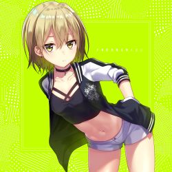 Rule 34 | 1girl, absurdres, bad id, bad pixiv id, black choker, black jacket, breasts, brown eyes, brown hair, character request, choker, closed mouth, collarbone, cowboy shot, crop top, earrings, expressionless, green background, hands in pockets, highres, ichiren namiro, indie virtual youtuber, jacket, jewelry, leaning forward, long sleeves, looking at viewer, navel, open clothes, open jacket, short hair, short shorts, shorts, sleeves pushed up, small breasts, solo, standing, stomach, translation request, two-tone background, virtual youtuber, white shorts