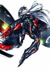 Rule 34 | 1girl, armor, asymmetrical arms, blew andwhite, floating hair, flying, frown, gakuen taisen valkyries, glowing, glowing eye, grey hair, highres, jetpack, long hair, looking up, open hand, power armor, sabra greengold, science fiction, simple background, solo, very long hair, white background