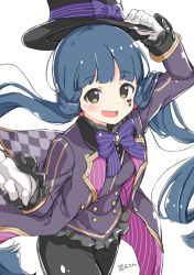 Rule 34 | 1girl, :d, black pants, blue hair, blunt bangs, blush, breasts, brown eyes, buttons, character name, cowboy shot, earrings, frilled sleeves, frills, gloves, hat, heart stickers, holding, holding clothes, holding hat, idolmaster, idolmaster million live!, idolmaster million live! theater days, jacket, jewelry, kitakami reika, kuresuku (lessons), long hair, long sleeves, looking at viewer, official alternate costume, open clothes, open hand, open jacket, open mouth, pants, purple jacket, purple ribbon, ribbon, simple background, small breasts, smile, solo, sticker on face, top hat, very long hair, white background, white gloves