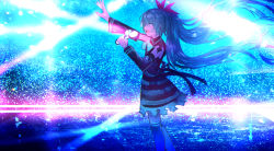 Rule 34 | 1girl, :d, black dress, black sleeves, blue eyes, blue hair, blue thighhighs, commentary, detached sleeves, dress, from side, glowing, hair between eyes, hair ornament, hatsune miku, holding, holding microphone, long hair, long sleeves, looking away, microphone, open mouth, outstretched arm, profile, single thighhigh, sleeveless, sleeveless dress, smile, solo, standing, tarbo (exxxpiation), thighhighs, twintails, very long hair, vocaloid, wide sleeves