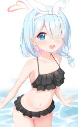Rule 34 | 1girl, absurdres, arona (blue archive), bikini, bikini skirt, black bikini, black skirt, blue archive, blue eyes, blue hair, breasts, frilled bikini, frilled skirt, frills, hair over one eye, hayana neru, headband, highres, looking at viewer, navel, open mouth, pink hair, short hair, skirt, small breasts, smile, solo, swimsuit, water, white headband