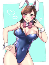 Rule 34 | 1girl, adapted costume, animal ears, aqua background, bare legs, bare shoulders, blue leotard, blush, bow, bowtie, breasts, brown eyes, brown hair, cleavage, covered navel, cowboy shot, d.va (overwatch), detached collar, facepaint, facial mark, fake animal ears, hand on own hip, highres, leotard, long hair, looking at viewer, medium breasts, nail polish, overwatch, pink nails, playboy bunny, rabbit ears, smile, solo, strapless, strapless leotard, whisker markings, white background, wrist cuffs, xxkjtanxx