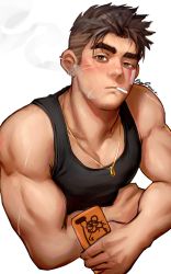 Rule 34 | 1boy, bandaid, bandaid on cheek, bandaid on face, bara, black hair, black tank top, cigarette, green eyes, greenteaa, highres, holding, holding phone, injury, jewelry, looking at viewer, male focus, muscular, muscular male, necklace, original, pectoral cleavage, pectorals, phone, short hair, smoke, smoking, solo, tank top, thick eyebrows, undercut, upper body