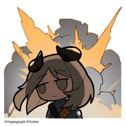 Rule 34 | :|, arknights, brown eyes, brown hair, chibi, closed mouth, commentary request, company name, cropped torso, explosion, grey jacket, horns, jacket, jitome, line (naver), long sleeves, looking away, medium hair, meteorite (arknights), official art, simple background, smoke, solo, strap, upper body, watermark, white background