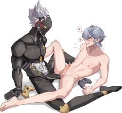 Rule 34 | 2boys, abs, absurdres, anal, arm support, bare shoulders, barefoot, billy kid, black skin, blush, cnzo18527, collarbone, colored skin, commentary, completely nude, controller, couple, curled fingers, cyborg, erection, game controller, grey eyes, grey hair, groin, hashtag-only commentary, heart, highres, leaning, looking at another, looking at penis, lying, male focus, male penetrated, motion lines, multiple boys, nipples, no pupils, nude, on back, pectorals, penis, saliva, simple background, speech bubble, spiked hair, spoken heart, spread legs, sweat, sweatdrop, testicles, trembling, white background, white hair, wise (zenless zone zero), yaoi, yellow eyes, zenless zone zero