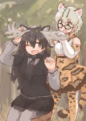Rule 34 | 10s, 2girls, animal ears, antlers, bare shoulders, bow, bowtie, cat ears, cat tail, elbow gloves, glasses, gloves, hand on another&#039;s head, horns, kemono friends, leaf, long hair, long sleeves, margay (kemono friends), margay print, moose (kemono friends), moose ears, multicolored hair, multiple girls, one eye closed, open mouth, pantyhose, pleated skirt, rumenia (ao2is), scarf, short hair, sitting, skirt, stool, sweater, tail, thighhighs