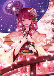 Rule 34 | 1girl, ^ ^, blurry, cherry blossoms, closed eyes, closed mouth, curry bowl, depth of field, closed eyes, female focus, flower, hair flower, hair ornament, hairclip, highres, holding, holding umbrella, japanese clothes, kimono, obi, oil-paper umbrella, open mouth, pink hair, pink theme, sash, shrine, solo, teeth, traditional clothes, umbrella, upper teeth only, yukata