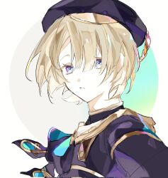 Rule 34 | 1boy, asymmetrical bangs, beret, black hat, blonde hair, blue eyes, closed mouth, do9 8ni8, freckles, freminet (genshin impact), genshin impact, gold, gold trim, hair over one eye, hat, highres, male focus, short hair, simple background, solo, upper body