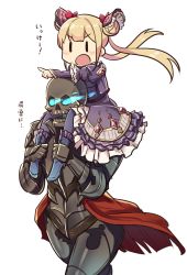 Rule 34 | 1boy, 1girl, ankle grab, armor, blonde hair, blue legwear, blush, boots, bow, carrying, commentary request, double bun, dress, flaming eyes, frills, glowing, glowing eyes, hair bow, hair ornament, highres, long hair, long sleeves, luna (shadowverse), mordecai the duelist, open mouth, outstretched arm, pointing, puffy sleeves, purple dress, red bow, shadowverse, shoulder carry, simple background, skull, translated, twintails, wagashi928, white background