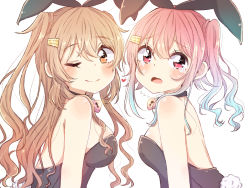 Rule 34 | 2girls, alternate costume, animal ears, bare shoulders, black ribbon, blush, bow, breasts, brown eyes, brown hair, choker, commentary request, hair bow, hair ornament, hair ribbon, hairclip, harusame (kancolle), heart, heart choker, kantai collection, long hair, looking at viewer, medium breasts, multiple girls, murasame (kancolle), murasame kai ni (kancolle), one eye closed, open mouth, pink hair, rabbit tail, ren kun, ribbon, smile, tail, tearing up, twintails, upper body