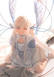 Rule 34 | 1girl, 58 (scbaby), absurdres, all fours, angel wings, backlighting, blonde hair, blunt bangs, blurry, cable, chii, chobits, cleavage cutout, clothing cutout, depth of field, doily, dress, feathered wings, fingernails, frilled dress, frills, full body, hair tubes, highres, kneeling, lolita fashion, long hair, long sleeves, looking at viewer, parted lips, petticoat, pink eyes, puffy long sleeves, puffy sleeves, red eyes, robot ears, sitting, socks, solo, sweet lolita, very long hair, white wings, wide sleeves, wings