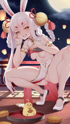 Rule 34 | 1girl, absurdres, animal ears, arm on knee, azur lane, bare legs, bare shoulders, bell, blush, bottomless, braid, breasts, cleft of venus, clothes lift, clothes pull, clothing aside, dress, dress aside, dress pull, elbow on knee, exhibitionism, full body, full moon, grin, hair bell, hair ornament, hair rings, half-closed eyes, hand on own cheek, hand on own face, head rest, high heels, highres, kanon (sinto), leaning forward, leg hold, legs, lifting own clothes, midriff, moon, nail polish, naughty face, navel, night, night sky, nipples, no bra, no panties, outdoors, pink nails, public indecency, pulling own clothes, pussy, rabbit ears, rabbit girl, shimakaze (azur lane), shimakaze (clumsy moon rabbit) (azur lane), shirt, shirt lift, sideless outfit, sky, sleeveless, sleeveless shirt, small breasts, smile, solo, spread legs, squatting, teasing, thighs, tiptoes, twin braids, uncensored, upskirt, white hair, yellow eyes