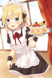 Rule 34 | 1girl, :d, apron, blonde hair, blue eyes, blush, cake, commentary request, cowboy shot, curtains, food, fruit, long hair, looking at viewer, maid, maid apron, maid headdress, open mouth, original, puffy short sleeves, puffy sleeves, short sleeves, smile, solo, wheel (misoshire), window