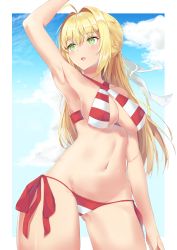 Rule 34 | 1girl, absurdres, ahoge, arm up, armpits, bad id, bad pixiv id, bare shoulders, bikini, blue sky, blush, border, breasts, collarbone, criss-cross halter, day, fate/grand order, fate (series), green eyes, hair between eyes, hair intakes, halterneck, highres, jenmin12, large breasts, long hair, looking at viewer, looking up, navel, nero claudius (fate), nero claudius (fate) (all), nero claudius (swimsuit caster) (fate), open mouth, red bikini, side-tie bikini bottom, sky, solo, striped bikini, striped clothes, swimsuit, thighs, white border