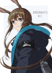 Rule 34 | 1girl, absurdres, amiya (arknights), animal ear fluff, animal ears, arknights, black jacket, blue eyes, brown hair, closed mouth, commentary request, copyright name, grey background, hair between eyes, highres, hood, hood down, hooded jacket, jacket, long hair, low ponytail, oshimaidebu, ponytail, rabbit ears, sidelocks, simple background, smile, solo, two-tone background, very long hair, white background