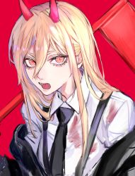 Rule 34 | 1girl, absurdres, ancoo mm, black jacket, black necktie, blonde hair, blood, blood on clothes, chainsaw man, collared shirt, cross-shaped pupils, fangs, hair between eyes, highres, holding, holding scythe, holding weapon, horns, jacket, jacket partially removed, long hair, looking at viewer, necktie, on shoulder, open mouth, orange eyes, power (chainsaw man), red background, red horns, scythe, shirt, simple background, solo, suspenders, symbol-shaped pupils, weapon, white shirt