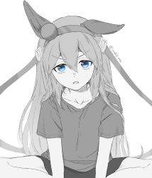 Rule 34 | 1girl, alternate costume, animal ears, blue eyes, butterfly sitting, casual, commentary request, ear covers, ear down, feet out of frame, greyscale, hair between eyes, hairband, headband, highres, horse ears, horse girl, indian style, kadokura (sushiu max), long hair, looking at viewer, monochrome, open mouth, shirt, short sleeves, shorts, sitting, solo, spot color, straight-on, straight hair, t-shirt, tamamo cross (umamusume), twitter username, umamusume, v-shaped eyebrows, very long hair, white background