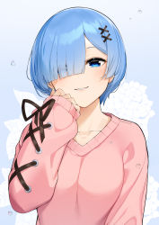 Rule 34 | 1girl, alternate costume, blouse, blue eyes, blue hair, blunt bangs, collarbone, commentary, cross-laced clothes, cross-laced sleeves, english commentary, hair ornament, hair over one eye, highres, long sleeves, looking at viewer, parted lips, pink shirt, re:zero kara hajimeru isekai seikatsu, rem (re:zero), sasoura, shirt, short hair, simple background, smile, solo, upper body, x hair ornament