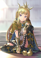 Rule 34 | 1girl, black thighhighs, blonde hair, blue eyes, brown cape, cagliostro (granblue fantasy), cape, full body, granblue fantasy, hand on ankle, headpiece, hinami (hinatamizu), long hair, looking at viewer, miniskirt, sitting, skirt, smile, solo, thighhighs, very long hair